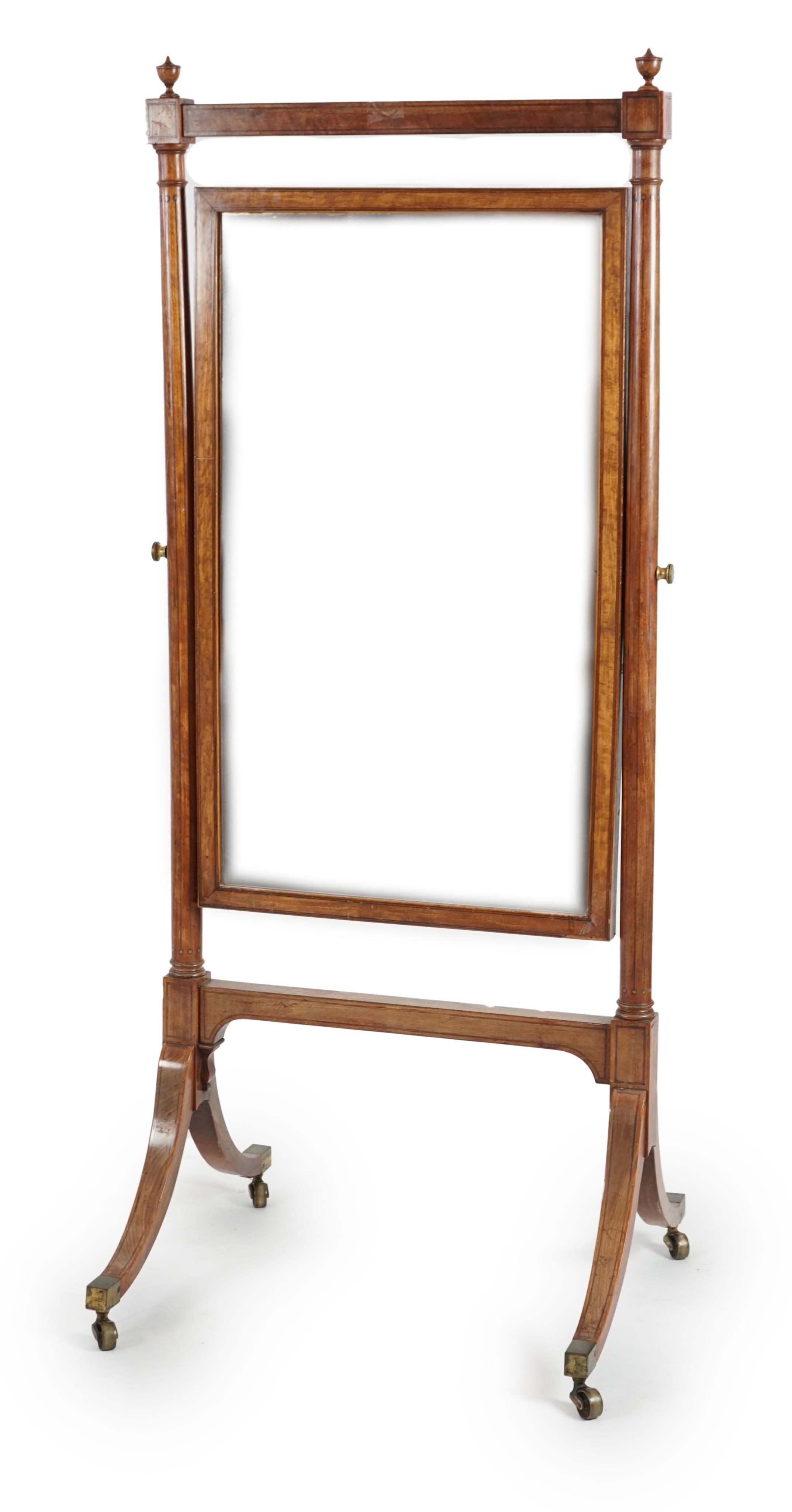 A Regency inlaid mahogany cheval mirror